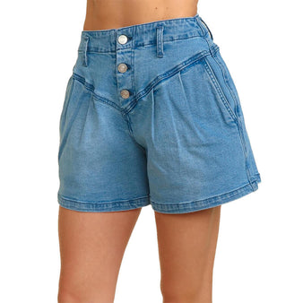Women's High Rise Snap Button Washed Denim Shorts