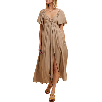 Women's Linen Flutter Sleeve Maxi Dress