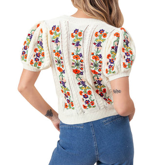 Women's Flower Embroidery S/S Sweater