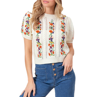 Women's Flower Embroidery S/S Sweater